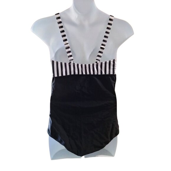 Daci Striped 16W One Piece Swimsuit Tummy Control V-Neck Design Hollow-Out Style - Picture 5 of 10